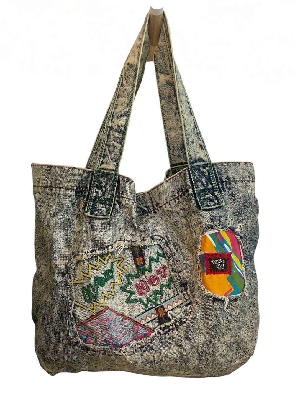 Vintage 80s 90s BIJOUX Torn Out Acid Wash Large Denim Tote Bag Patchwork Graphic